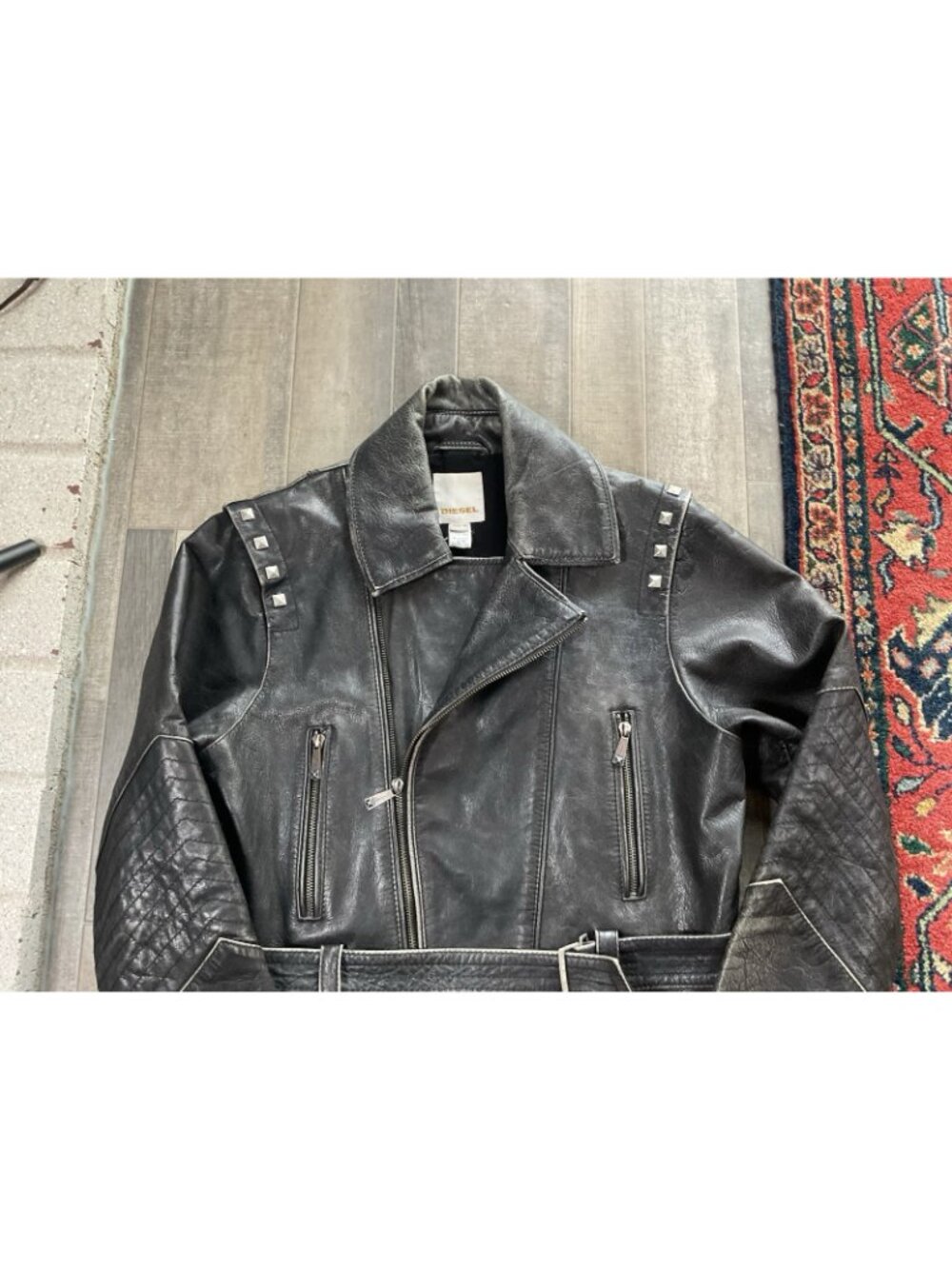 Diesel Goat Leather Moto Biker Jacket Studded Belted Black Gray Womens MED Y2K - Picture 5 of 15